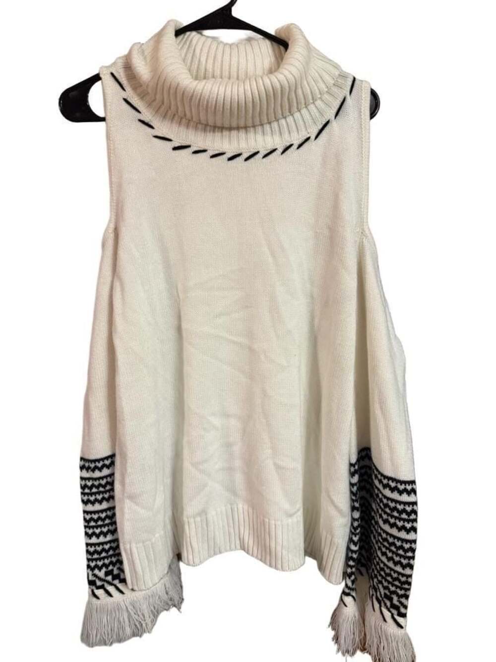 Venus Women's Cold Shoulder Turtleneck Sweater with Bell Sleeves and Fringe Deta